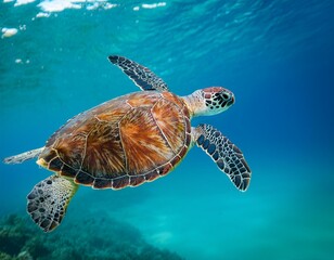 Fototapeta premium A majestic sea turtle gliding through transparent blue waters, symbolizing marine conservation