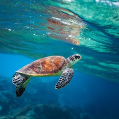 Fototapeta premium A majestic sea turtle gliding through transparent blue waters, symbolizing marine conservation