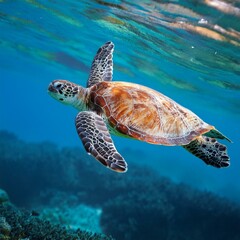 Fototapeta premium A majestic sea turtle gliding through transparent blue waters, symbolizing marine conservation