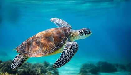 Fototapeta premium A majestic sea turtle gliding through transparent blue waters, symbolizing marine conservation