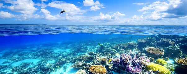 Blue water background with an underwater view and sky, a banner for design