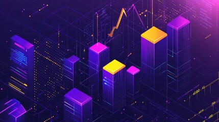 Futuristic city skyline with vibrant purple and yellow buildings and data visualization elements