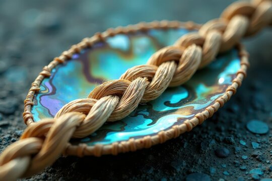 Delicate sweetgrass braid woven into iridescent abalone shell, natural fiber, organic