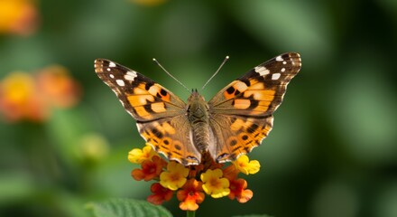 Painted Lady Butterfly Sipping Nectar from Vibrant Lantana Blossoms