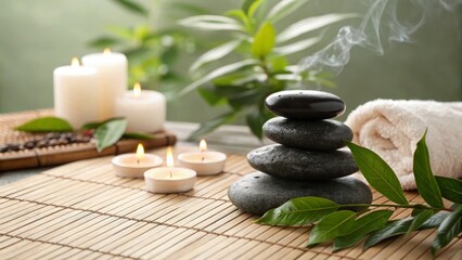 Peaceful spa scene with a stack of hot stones on a bamboo mat, surrounded by flickering candles and fresh green leaves, soft steam rising in the background, tranquil and soothing mood