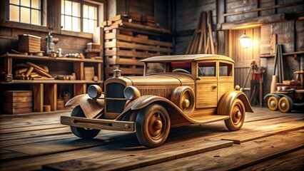 Unique handmade wooden car with intricate craftsmanship, parked on a rustic workbench, warm workshop lighting, detailed textures, realistic wood grain, vintage and artisanal feel