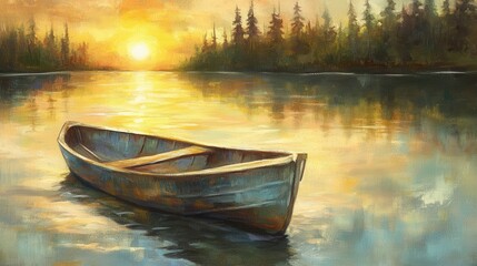 Fototapeta premium Serene Sunset Over Calm Water With Lonely Boat in Nature Landscape