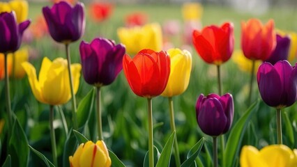 A breathtaking view of colorful tulips in full bloom, showcasing red, yellow, and purple flowers against a lush green background