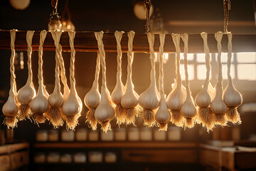 Garlic Bulbs Hanging: A rustic display of pungent, fresh garlic bulbs suspended by woven twine, illuminated by soft, warm light.