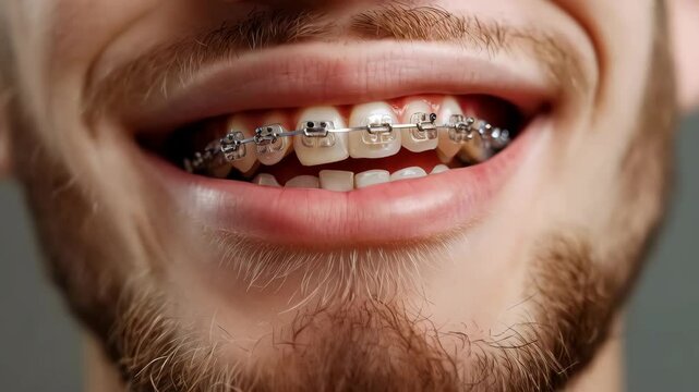 Frontal view of a man mouth with dental braces. Close up image, unrecognizable person