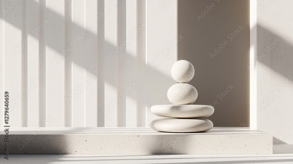 Poster serene composition of balanced stones on a minimalist shelf with soft shadows and light