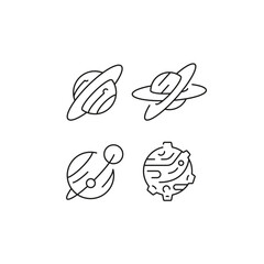 Space icons. Set of 4 space trendy minimal icons. Example: Planet, Moon, Comet icon. Design signs for web page, mobile app, packaging design. Vector illustration.