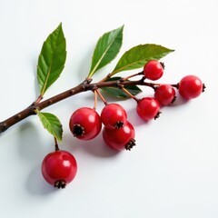 Red ashberry branch with berries and leaves on a plain white background, branch, photograph, winter