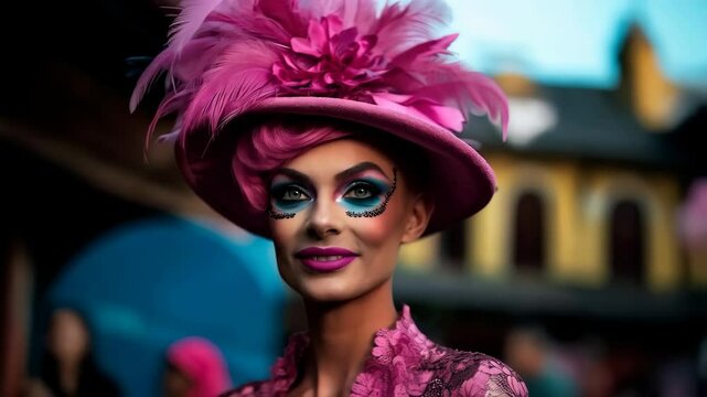 Causal portrait of queer person wearing elegant glam drag make up in the street