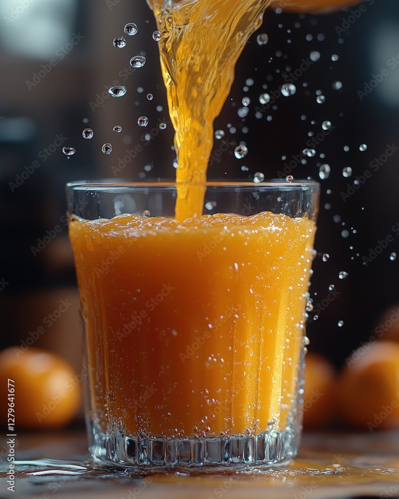 Aufkleber refreshing orange juice pouring into a glass, creating splashes and bubbles. close-up shot emphasizi