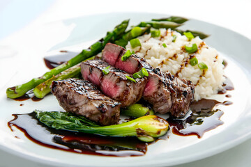 medium-rare steak with green asparagus and baby bok choy, served with fragrant rice on top of the beef