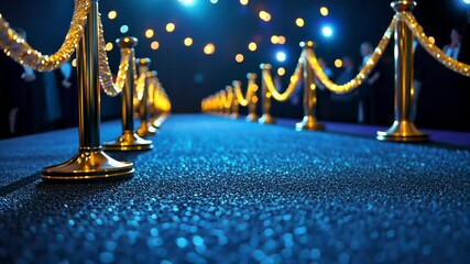 Glamorous red carpet path with golden rope barriers under bright lights