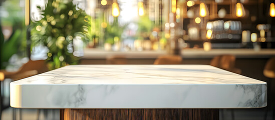 Empty step marble table top food stand with a blurred cafe restaurant background and bokeh lights mockup for displaying or showcasing a product banner for online media advertising business presenta