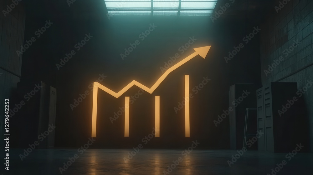 Poster abstract representation of growth with a glowing graph in a dimly lit industrial space