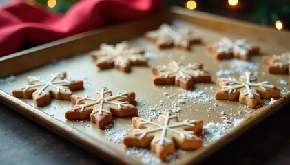 Snowflake-shaped cookies on baking sheet with festive background, baking sheet, sugar cookies