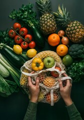 Hands holding reusable mesh bag filled with fresh fruits and vegetables. Healthy eating and eco-friendly shopping concept. Flat lay composition.