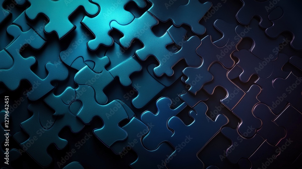 Poster abstract close-up of interlocking puzzle pieces in blue tones, creating a textured background