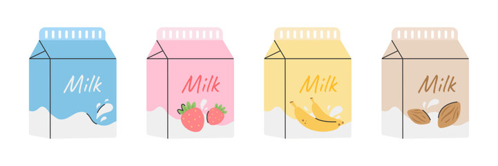 Colorful milk pack set. Strawberry, banana, almond and classic in pastel colors. Vector illustrator isolated