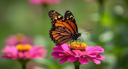 Monarch Butterfly on a Pink Zinnia: A stunning monarch butterfly delicately perched upon a vibrant pink zinnia, its wings gracefully spread.