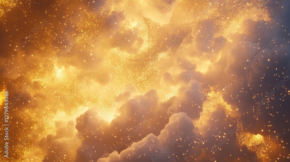 Poster a dreamy abstract representation of clouds with golden highlights and sparkling elements.