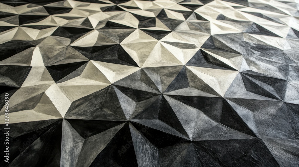 Poster a dynamic surface showcases intricate black and white triangular shapes, creating a visually strikin