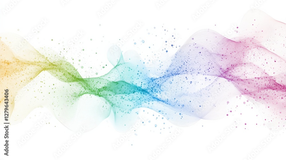 Poster colorful abstract wave design with flowing gradients and soft particles on a white background