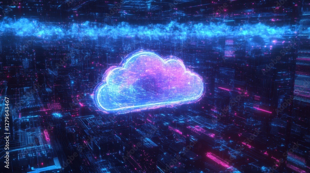 Poster a glowing cloud-shaped hologram floats above a dense matrix of microchips, representing seamless clo