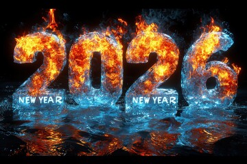 Vibrant and Beautiful New Year 2026 Celebration Artwork Capturing Fire and Water Elements