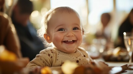 A happy baby at the dining table, surrounded by family during Thanksgiving, wearing light-colored and smiling with bright eyes