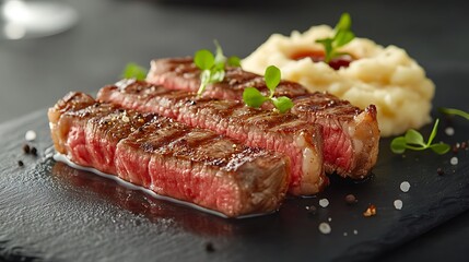 Fototapeta premium Grilled Steak Slices with Mashed Potatoes on Black Stone Plate