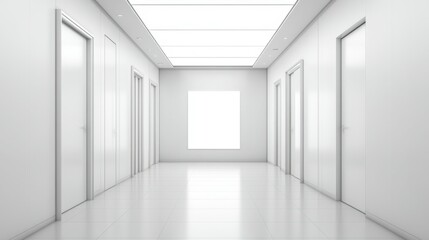 Fototapeta premium A modern minimalist company corridor features a meeting room and a blank white wall.