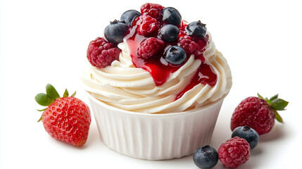 Delicious cream dessert with berries and strawberry sauce isolated on white background