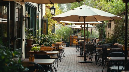 A quaint cafe patio with tables and chairs under large umbrellas, outdoor.