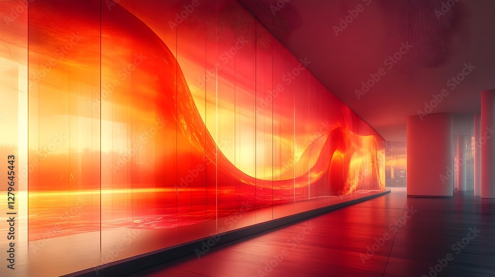 Poster futuristic digital art gallery with vibrant light structures and interactive elements