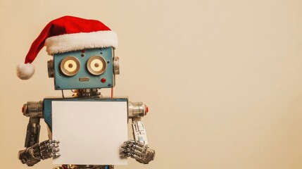 Naklejka premium A robot wearing a Santa hat holds a blank sheet of paper against a neutral background.