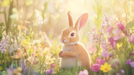 Fototapeta premium Festive bunny surrounded by colorful flowers spring garden nature scene