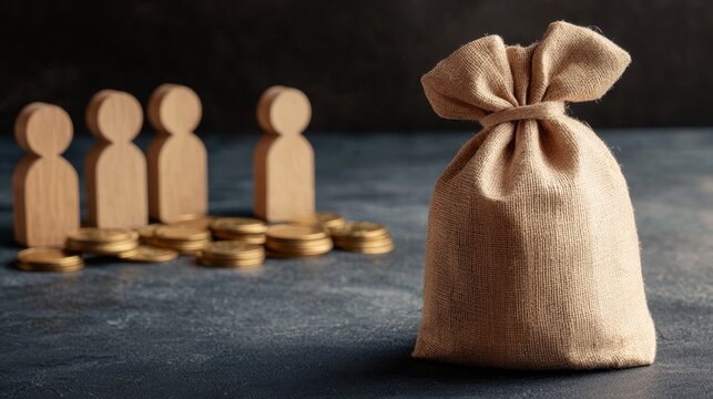 Financial Secrets Revealed: Money Bag Concealed Behind Wall with Onlooking Wooden Figures in Flat Art Style
