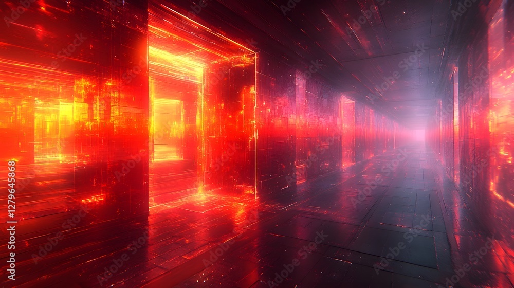 Poster mesmerizing digital art showcase with vivid light structures in a sleek gallery setting