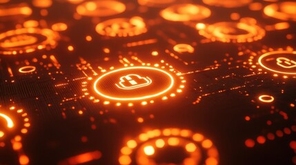 A vivid closeup of a digital matrix composed of small circles and lines where specific circles bear lock symbols that shine brightly symbolizing secure endpoints in a thoughtfully crafted
