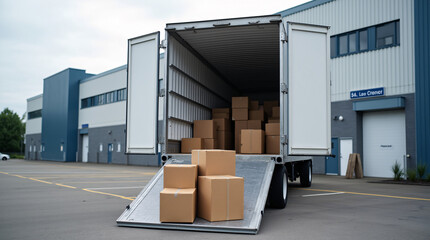A truck can be seen unloading boxes of goods in the parking lot in front of an industrial warehouse. The rear doors of the trailer are open, and various packaging materials are visible inside