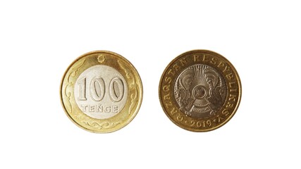 100 Kazakhstani tenge coin isolated on white background.