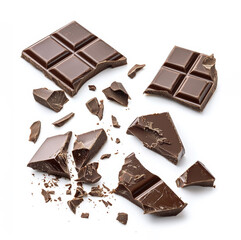 Broken chocolate bars isolated on white background.