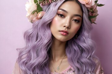 Naklejka premium Beautiful confident photo model showcases vibrant makeup against a pastel color background in a studio setting, people and skincare, fashion theme concept. 
