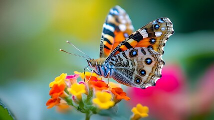 Obraz premium Butterfly Resting on Colorful Flowers with Detailed Wing Patterns Close-up