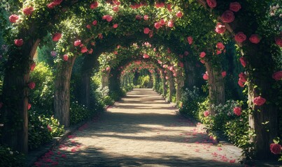 A romantic garden pathway lined with blooming roses and ivy-covered arches, dappled sunlight adding charm and elegance